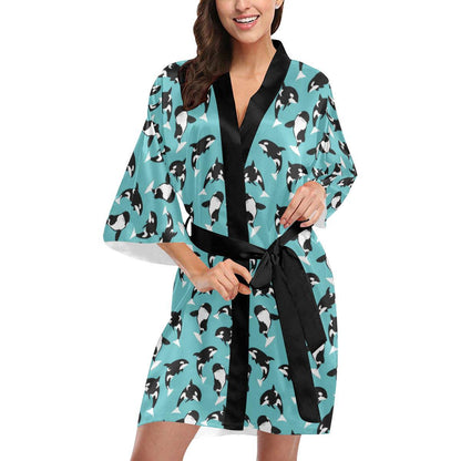 Whale Action Design Themed Print Women Short Kimono Robe