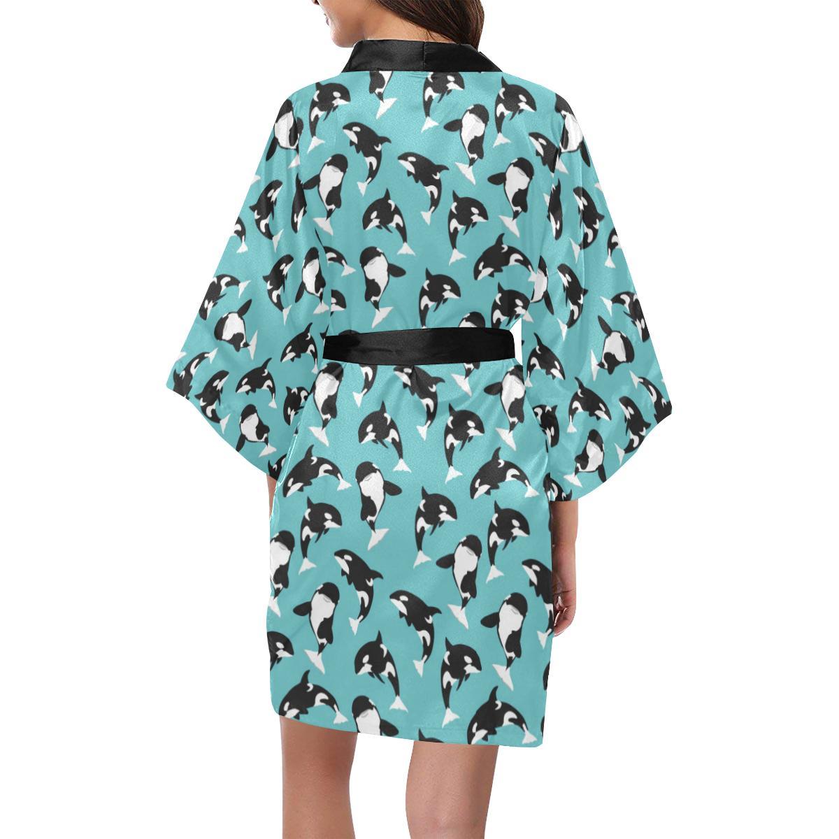 Whale Action Design Themed Print Women Short Kimono Robe