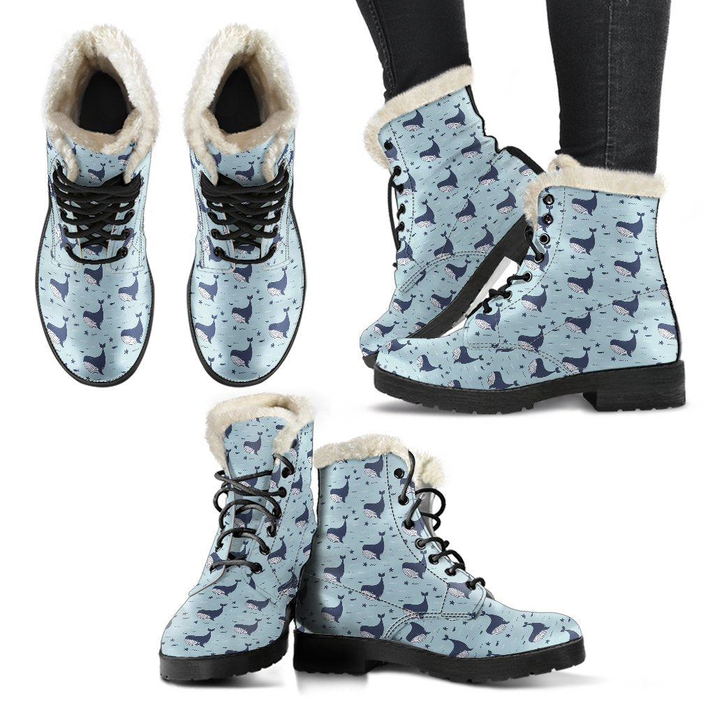 Whale Cute Design Themed Print Faux Fur Leather Boots-JTAMIGO.COM