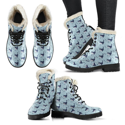 Whale Cute Design Themed Print Faux Fur Leather Boots-JTAMIGO.COM