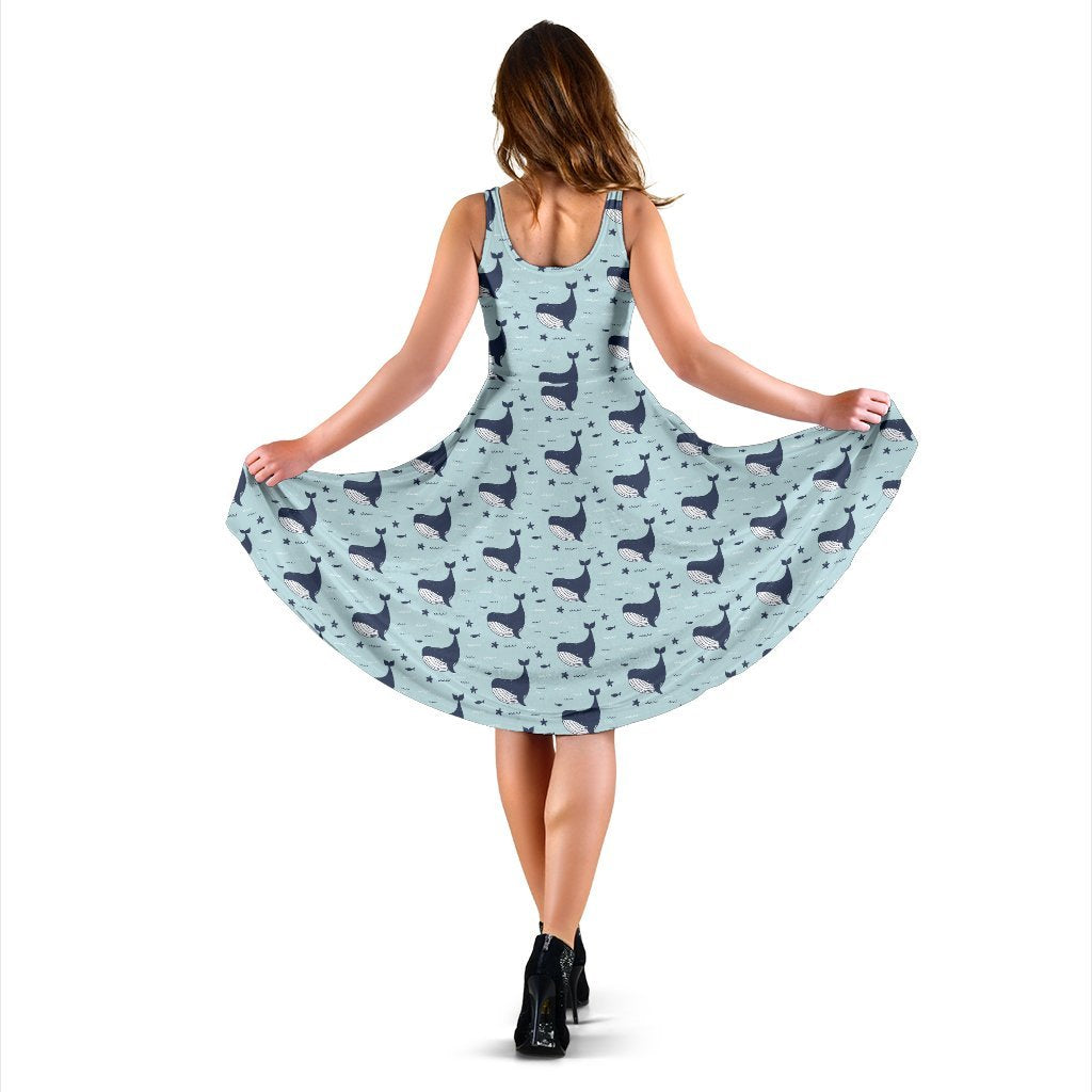 Whale Cute Design Themed Print Sleeveless Dress