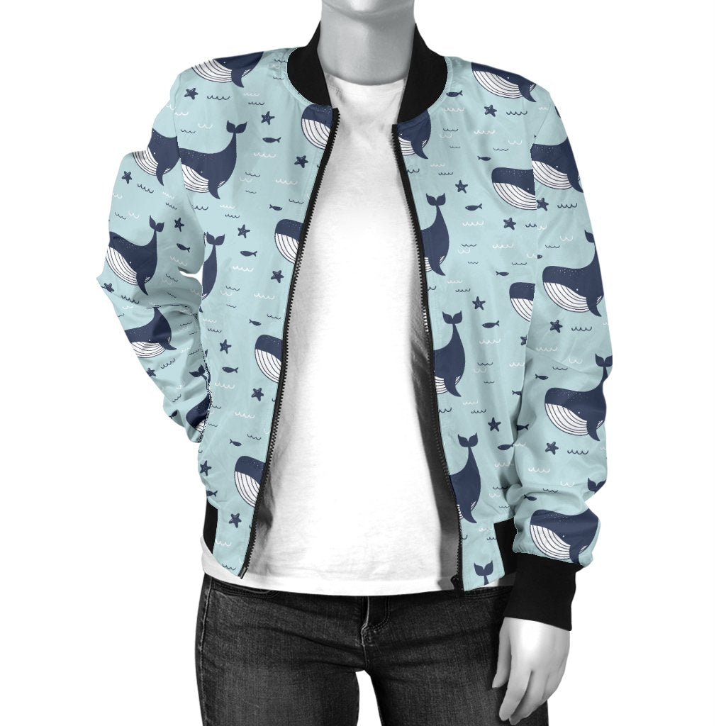 Whale Cute Design Themed Print Women Casual Bomber Jacket