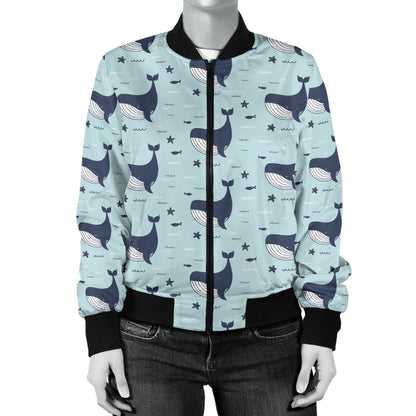 Whale Cute Design Themed Print Women Casual Bomber Jacket