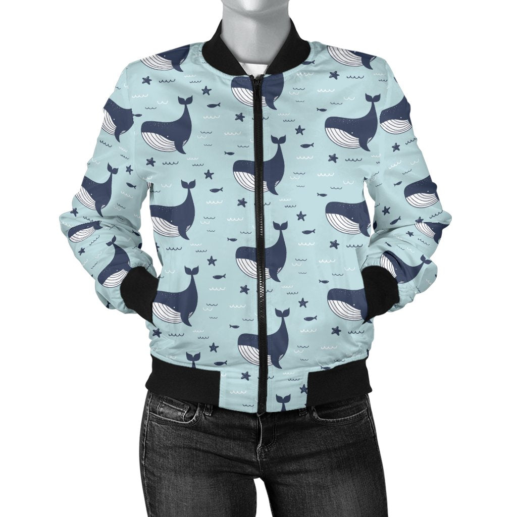 Whale Cute Design Themed Print Women Casual Bomber Jacket
