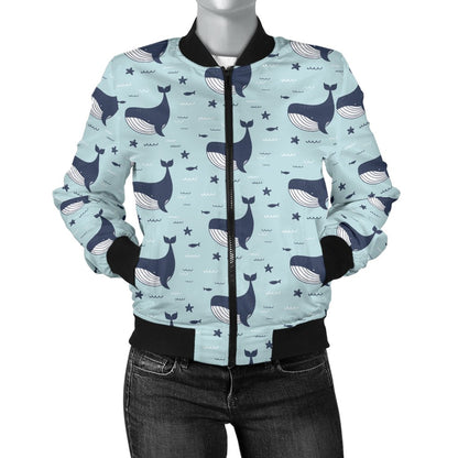 Whale Cute Design Themed Print Women Casual Bomber Jacket
