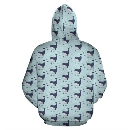 Whale Cute Design Themed Print Zip Up Hoodie