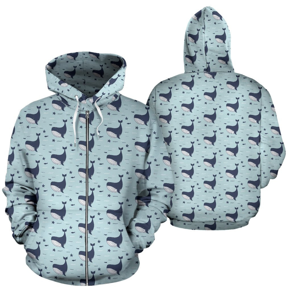 Whale Cute Design Themed Print Zip Up Hoodie