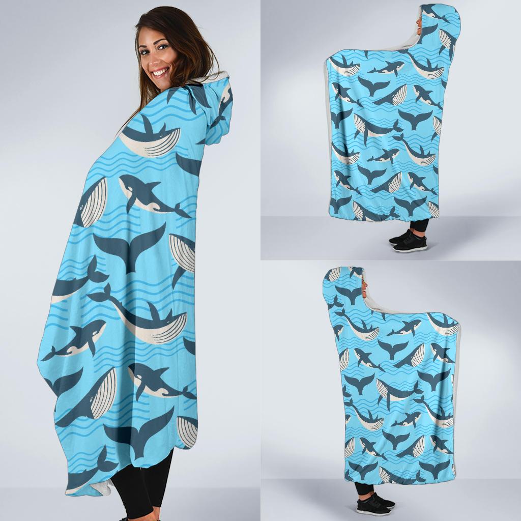 Whale Pattern Design Themed Print Hooded Blanket-JTAMIGO.COM