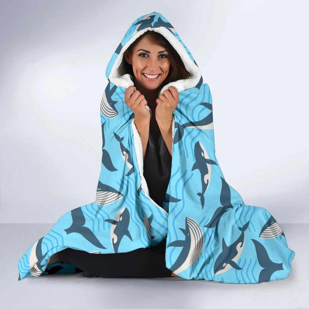 Whale Pattern Design Themed Print Hooded Blanket-JTAMIGO.COM