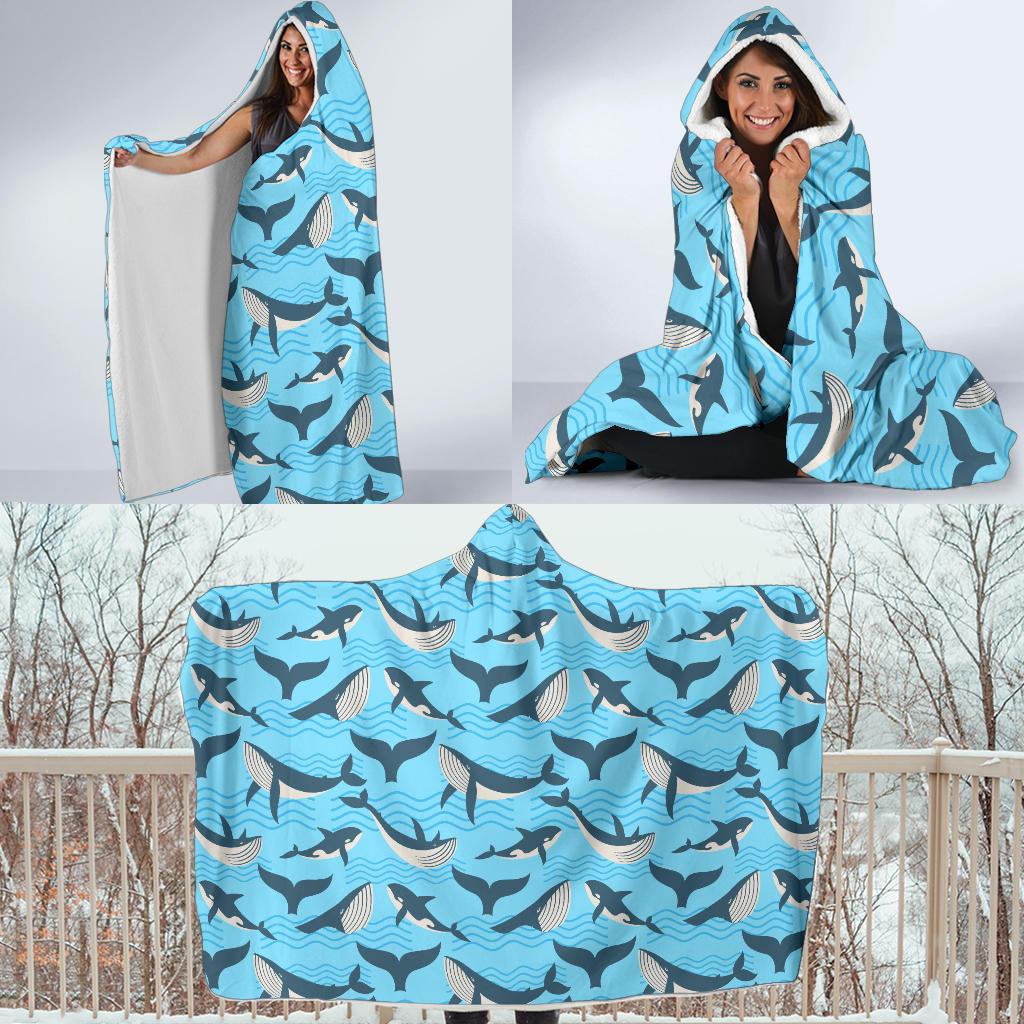 Whale Pattern Design Themed Print Hooded Blanket-JTAMIGO.COM