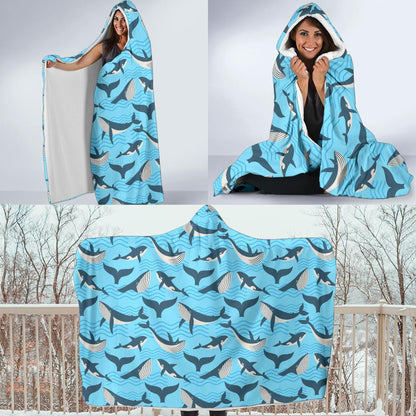 Whale Pattern Design Themed Print Hooded Blanket-JTAMIGO.COM