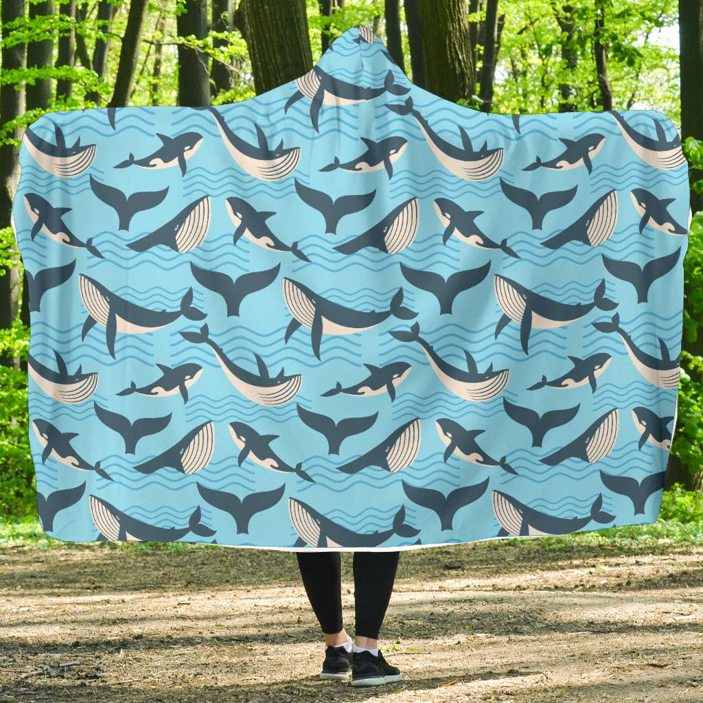 Whale Pattern Design Themed Print Hooded Blanket-JTAMIGO.COM