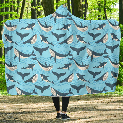 Whale Pattern Design Themed Print Hooded Blanket-JTAMIGO.COM