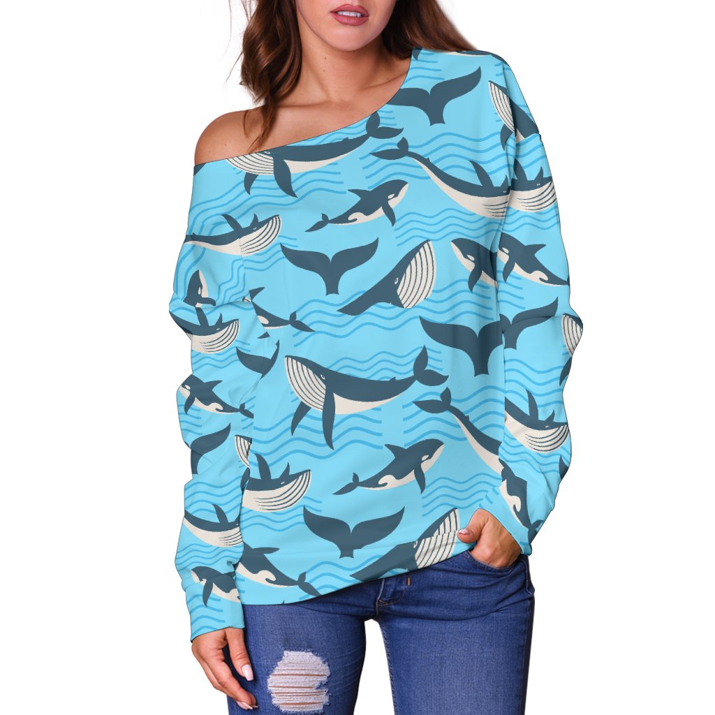Whale Pattern Design Themed Print Off Shoulder Sweatshirt