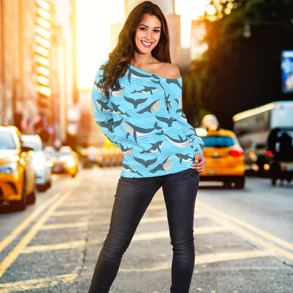Whale Pattern Design Themed Print Off Shoulder Sweatshirt