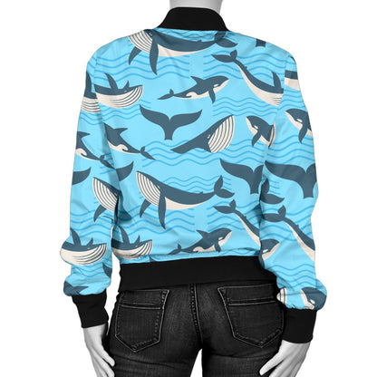 Whale Pattern Design Themed Print Women Casual Bomber Jacket
