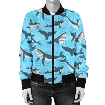 Whale Pattern Design Themed Print Women Casual Bomber Jacket