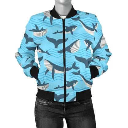 Whale Pattern Design Themed Print Women Casual Bomber Jacket
