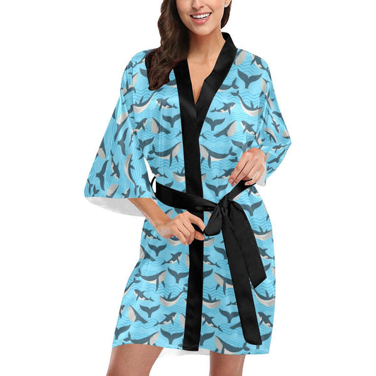 Whale Pattern Design Themed Print Women Short Kimono Robe