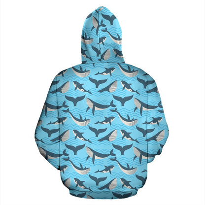 Whale Pattern Design Themed Print Zip Up Hoodie