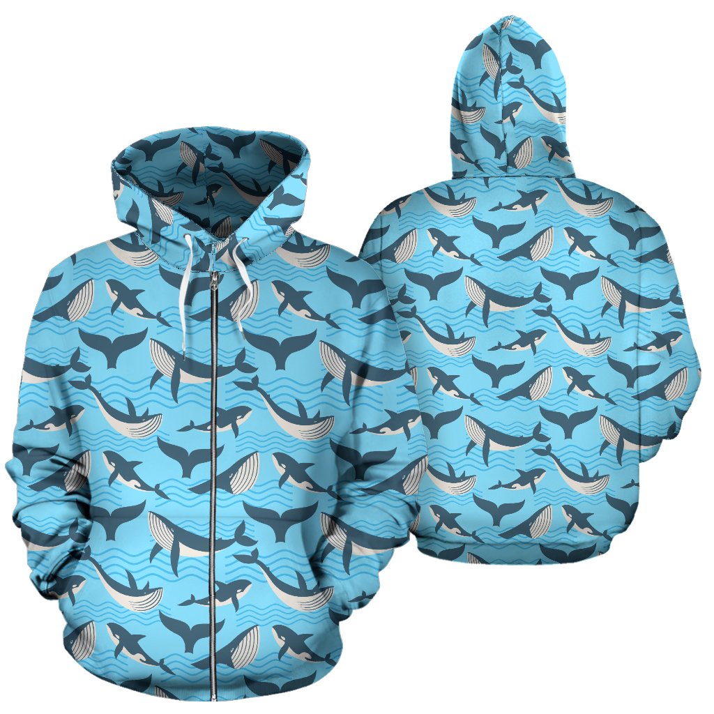 Whale Pattern Design Themed Print Zip Up Hoodie