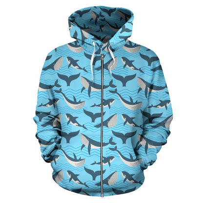 Whale Pattern Design Themed Print Zip Up Hoodie