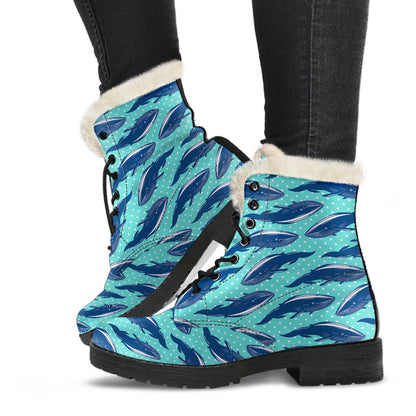 Whale Polka Dot Design Themed Print Faux Fur Leather Boots-JTAMIGO.COM