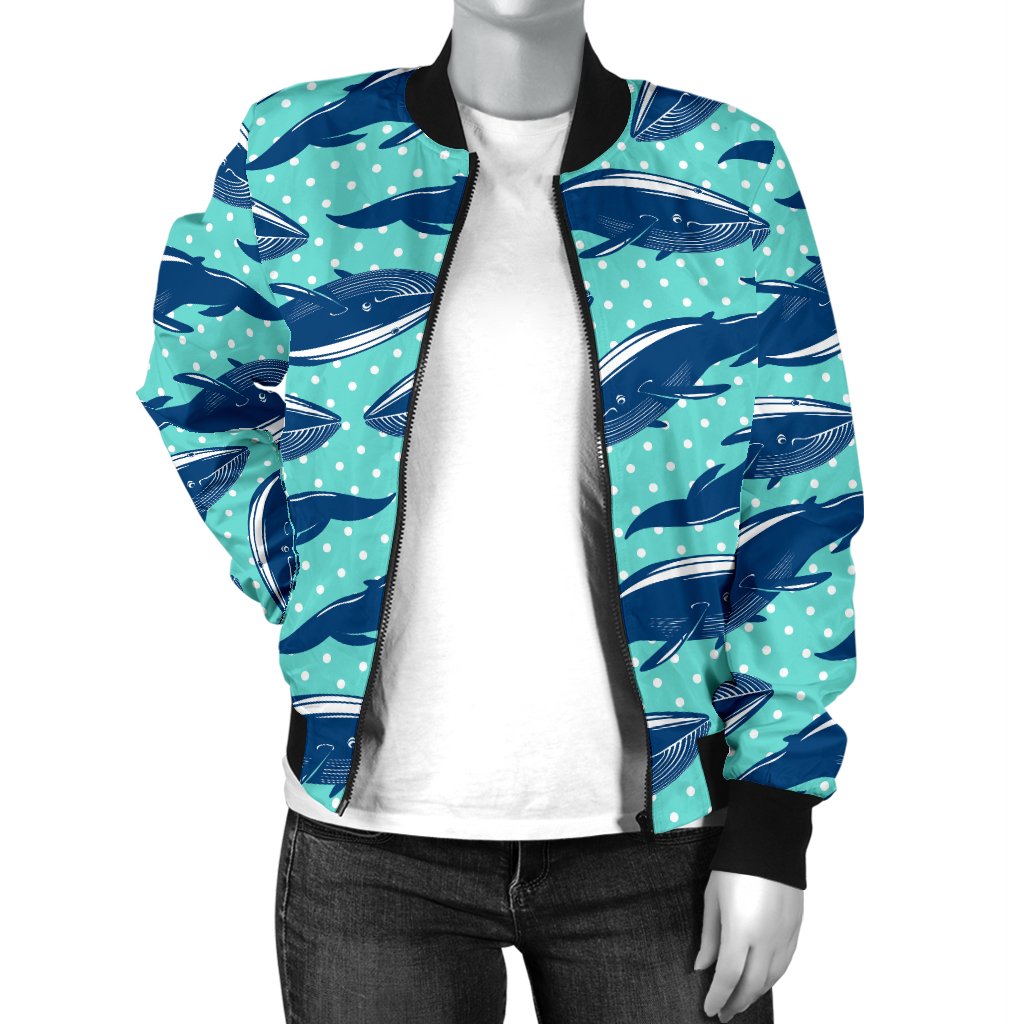 Whale Polka Dot Design Themed Print Women Casual Bomber Jacket