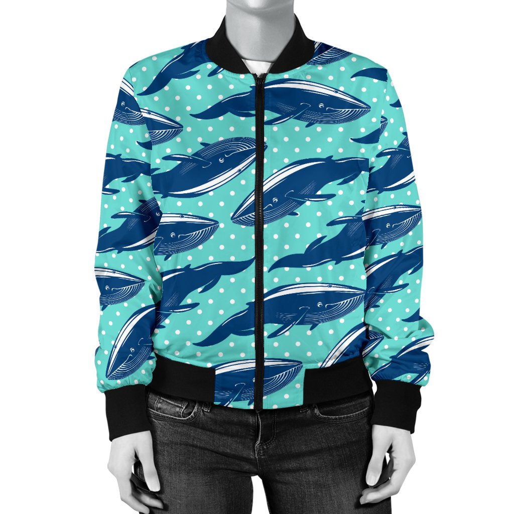 Whale Polka Dot Design Themed Print Women Casual Bomber Jacket