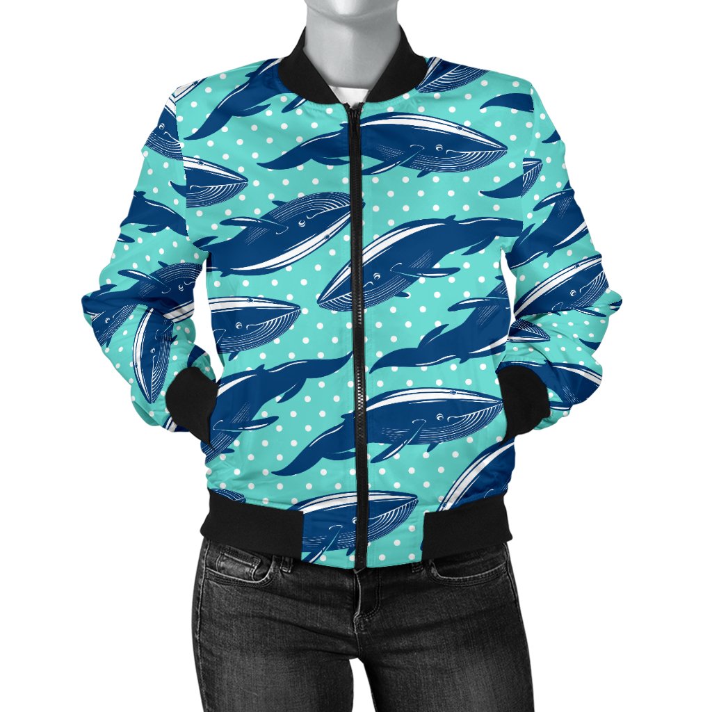Whale Polka Dot Design Themed Print Women Casual Bomber Jacket
