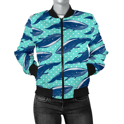 Whale Polka Dot Design Themed Print Women Casual Bomber Jacket