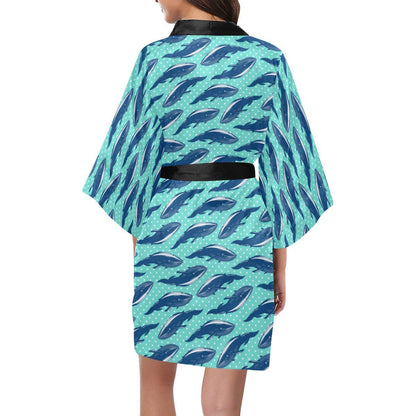 Whale Polka Dot Design Themed Print Women Short Kimono Robe