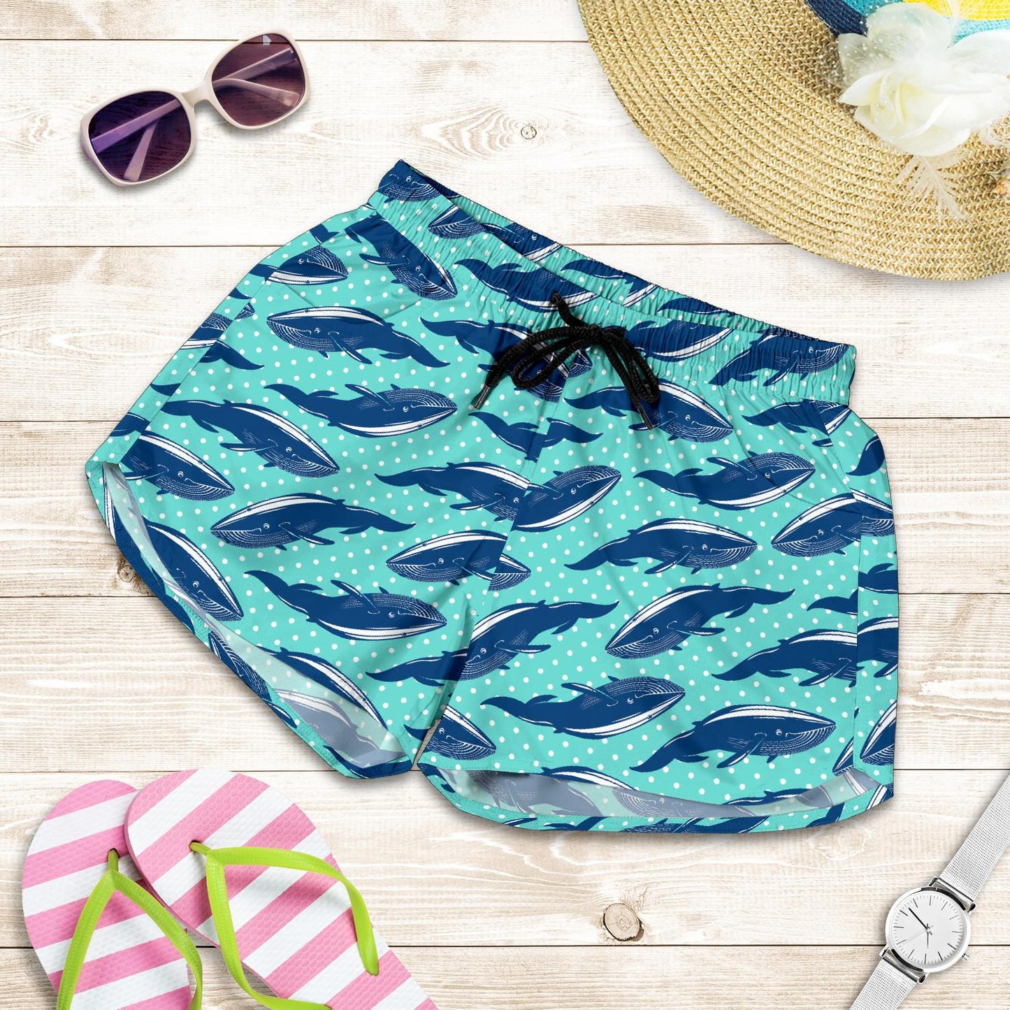 Whale Polka Dot Design Themed Print Women Shorts-JTAMIGO.COM