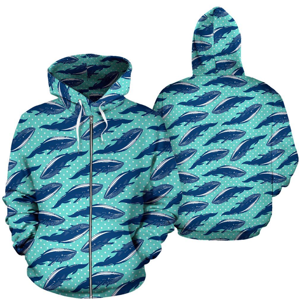 Whale Polka Dot Design Themed Print Zip Up Hoodie