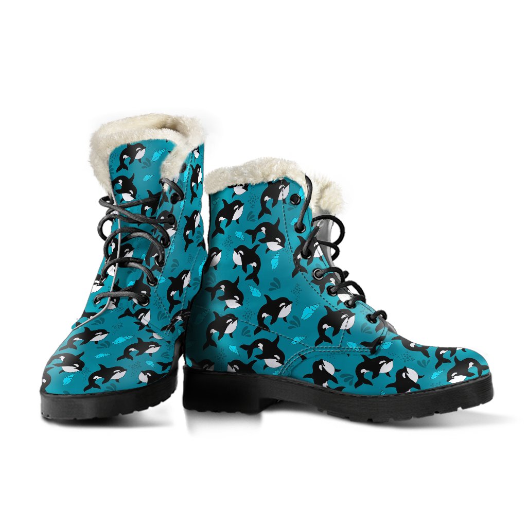 Whale Sea Design Themed Print Faux Fur Leather Boots-JTAMIGO.COM