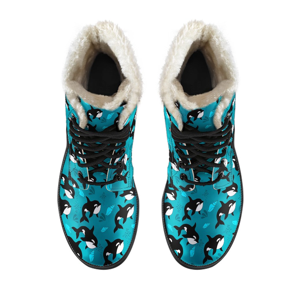 Whale Sea Design Themed Print Faux Fur Leather Boots-JTAMIGO.COM
