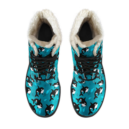 Whale Sea Design Themed Print Faux Fur Leather Boots-JTAMIGO.COM