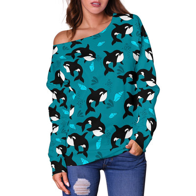 Whale Sea Design Themed Print Off Shoulder Sweatshirt