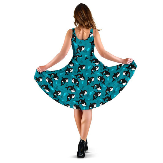 Whale Sea Design Themed Print Sleeveless Dress