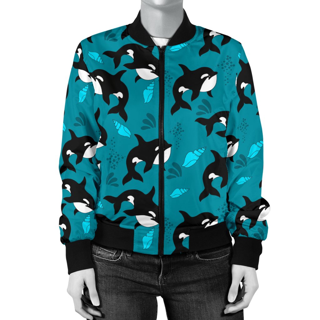 Whale Sea Design Themed Print Women Casual Bomber Jacket