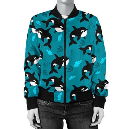 Whale Sea Design Themed Print Women Casual Bomber Jacket