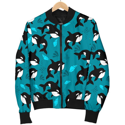 Whale Sea Design Themed Print Women Casual Bomber Jacket