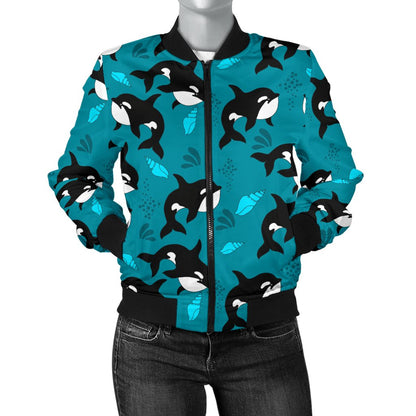 Whale Sea Design Themed Print Women Casual Bomber Jacket