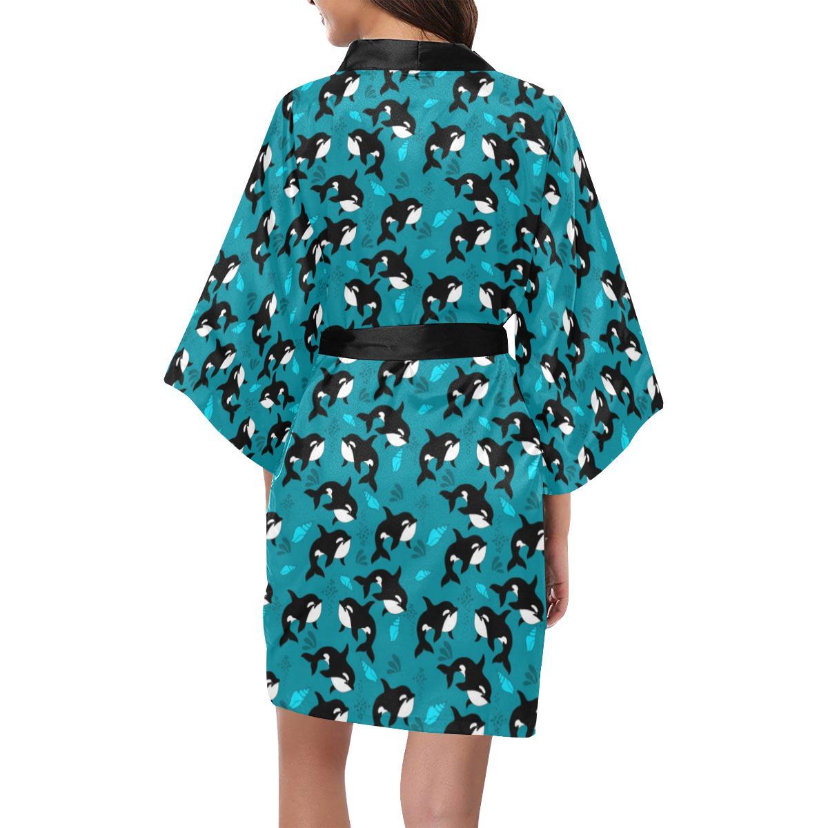Whale Sea Design Themed Print Women Short Kimono Robe