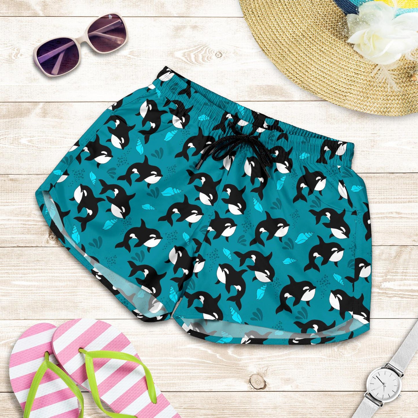 Whale Sea Design Themed Print Women Shorts-JTAMIGO.COM