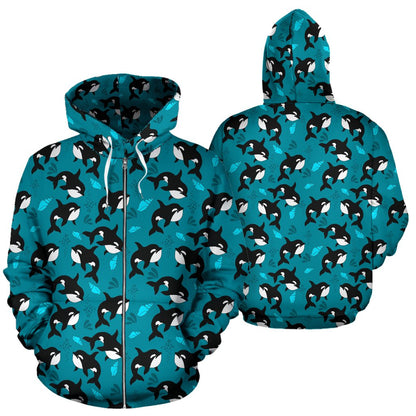 Whale Sea Design Themed Print Zip Up Hoodie