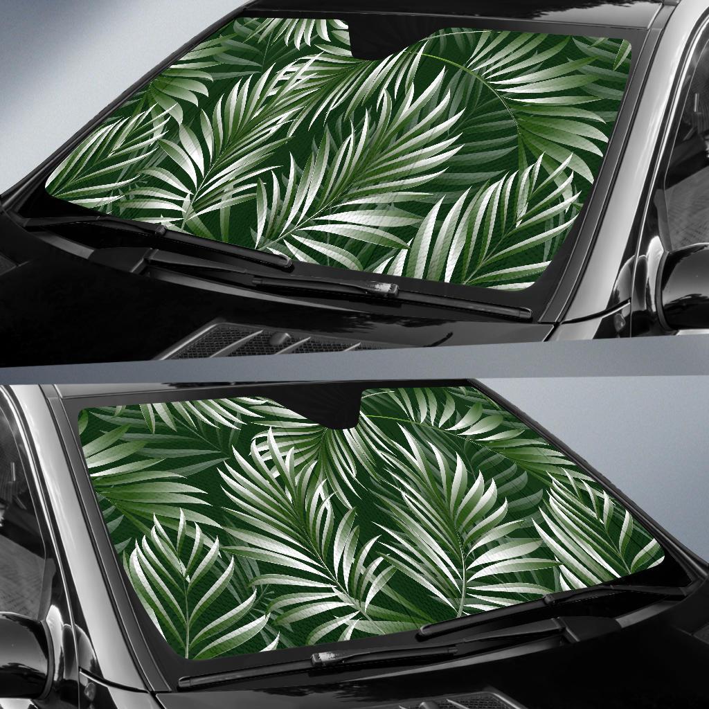 White Green Tropical Palm Leaves Car Sun Shade For Windshield