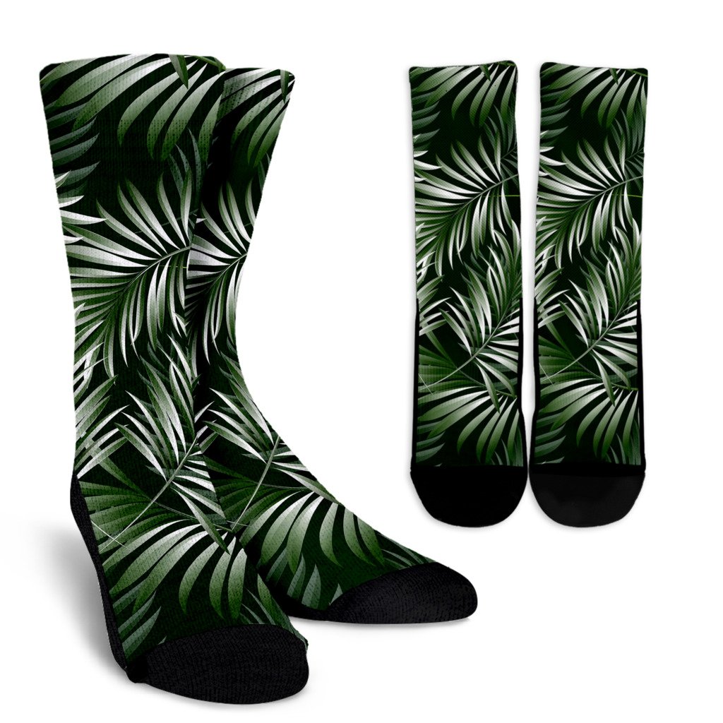 White Green Tropical Palm Leaves Crew Socks