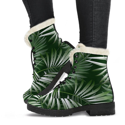 White Green Tropical Palm Leaves Faux Fur Leather Boots-JTAMIGO.COM