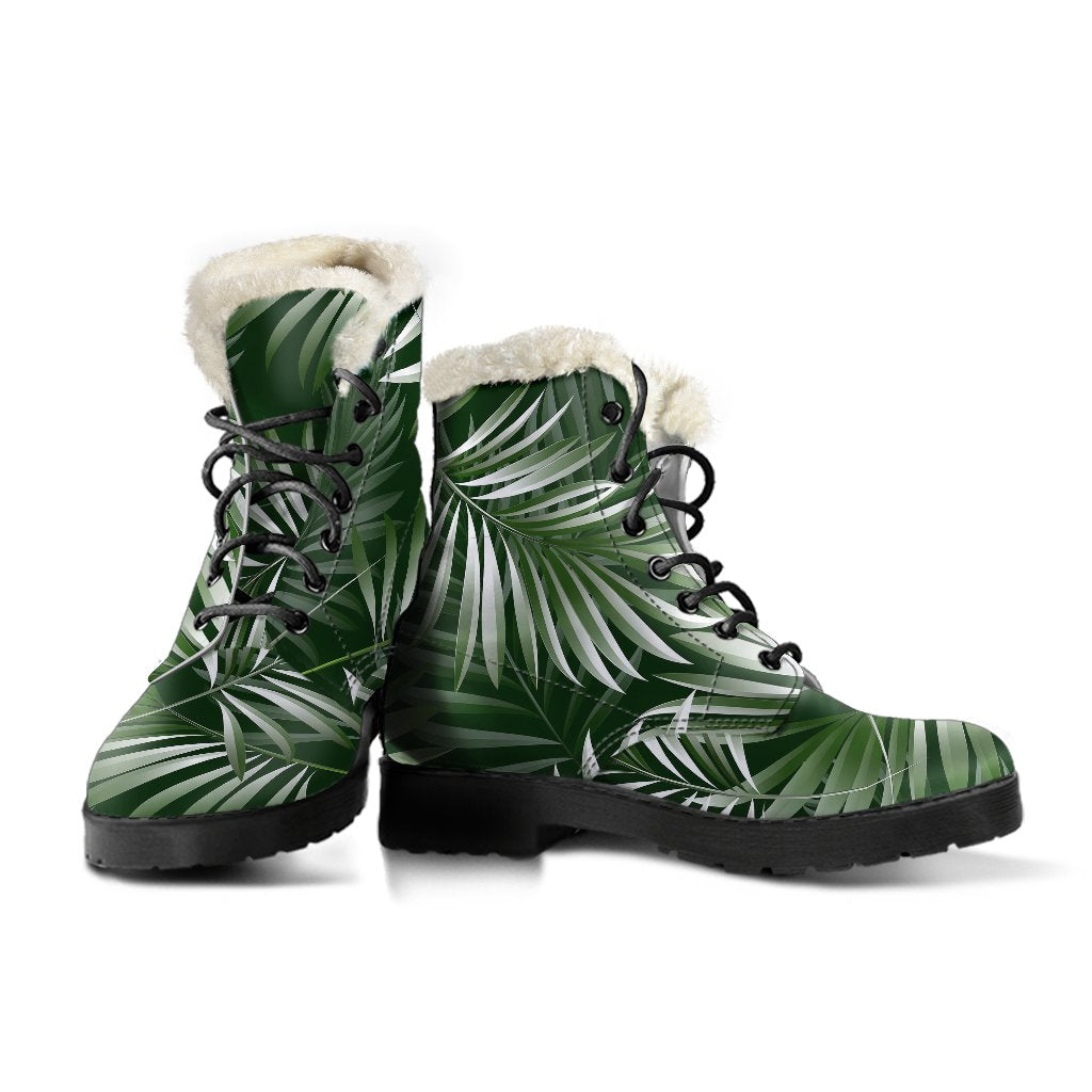 White Green Tropical Palm Leaves Faux Fur Leather Boots-JTAMIGO.COM